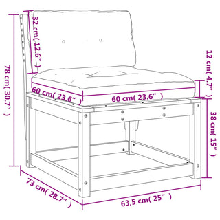 Line drawing of the vidaXL Garden Sofa with Cushions, made from white solid pine wood (vidaXL), dimensions: 78 cm tall, 73 cm deep, 63.5 cm wide, seat 60x60 cm, seat height 38 cm; cushion thicknesses: seat 12 cm, back 8 cm—ideal outdoor furniture.