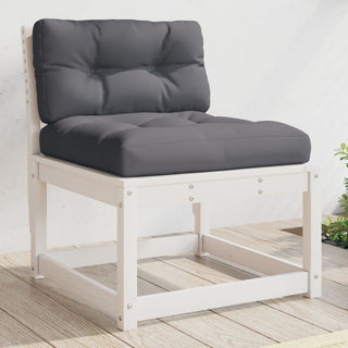 The vidaXL Garden Sofa with Cushions, featuring thick dark gray tufted cushions and a white solid pine frame, sits on a light wood floor with sunlight and greenery in the background.