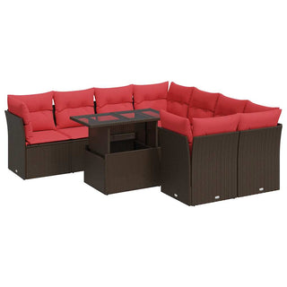 vidaXL 9 Piece Garden Sofa Set with Cushions Brown Poly Rattan Acacia - 3326135 - Sofa In Store