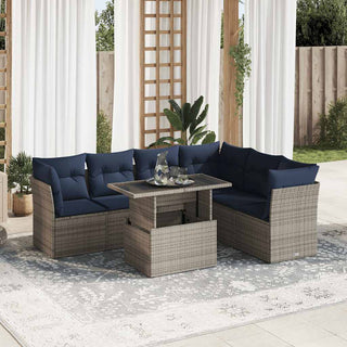 vidaXL 7 Piece Garden Sofa Set with Cushions Black Poly Rattan Acacia - 3326172 - Sofa In Store