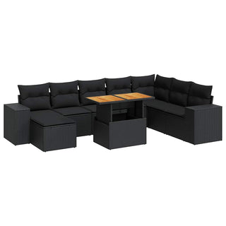 vidaXL 9 Piece Garden Sofa Set with Cushions Black Poly Rattan Acacia - 3327408 - Sofa In Store