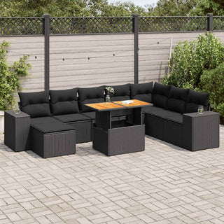 vidaXL 9 Piece Garden Sofa Set with Cushions Black Poly Rattan Acacia - 3327408 - Sofa In Store