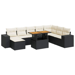 vidaXL 9 Piece Garden Sofa Set with Cushions Black Poly Rattan Acacia - 3327409 - Sofa In Store