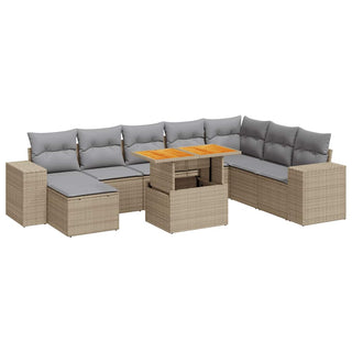 vidaXL 9 Piece Garden Sofa Set with Cushions Beige Poly Rattan Acacia - 3327412 - Sofa In Store