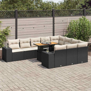 vidaXL 10 Piece Garden Sofa Set with Cushions Black Poly Rattan Acacia - 3327423 - Sofa In Store