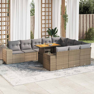 vidaXL 10 Piece Garden Sofa Set with Cushions Beige Poly Rattan Acacia - 3327426 - Sofa In Store