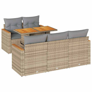 vidaXL 6 Piece Garden Sofa Set with Cushions Beige Poly Rattan Acacia - 3327440 - Sofa In Store