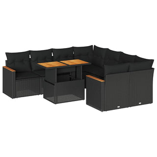 vidaXL 9 Piece Garden Sofa Set with Cushions Black Poly Rattan Acacia - 3327464 - Sofa In Store