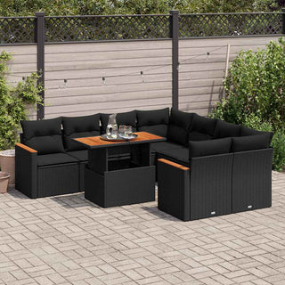 vidaXL 9 Piece Garden Sofa Set with Cushions Black Poly Rattan Acacia - 3327464 - Sofa In Store