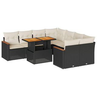 vidaXL 9 Piece Garden Sofa Set with Cushions Black Poly Rattan Acacia - 3327465 - Sofa In Store