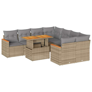 vidaXL 9 Piece Garden Sofa Set with Cushions Beige Poly Rattan Acacia - 3327468 - Sofa In Store