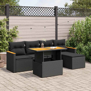 vidaXL 6 Piece Garden Sofa Set with Cushions Black Poly Rattan Acacia - 3327471 - Sofa In Store