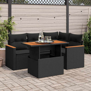 vidaXL 5 Piece Garden Sofa Set with Cushions Black Poly Rattan Acacia - 3327478 - Sofa In Store