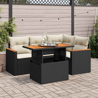 vidaXL 5 Piece Garden Sofa Set with Cushions Black Poly Rattan Acacia - 3327479 - Sofa In Store