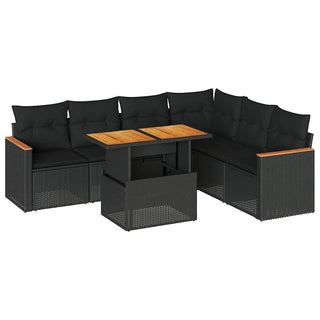 vidaXL 7 Piece Garden Sofa Set with Cushions Black Poly Rattan Acacia - 3327492 - Sofa In Store