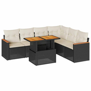 vidaXL 7 Piece Garden Sofa Set with Cushions Black Poly Rattan Acacia - 3327493 - Sofa In Store