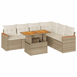 vidaXL 7 Piece Garden Sofa Set with Cushions Beige Poly Rattan Acacia - 3327495 - Sofa In Store