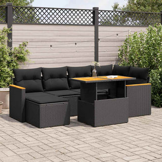 vidaXL 7 Piece Garden Sofa Set with Cushions Black Poly Rattan Acacia - 3327506 - Sofa In Store