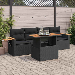 vidaXL 5 Piece Garden Sofa Set with Cushions Black Poly Rattan Acacia - 3327541 - Sofa In Store