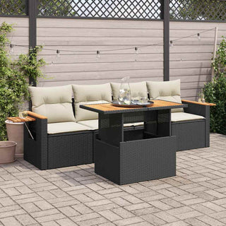 vidaXL 5 Piece Garden Sofa Set with Cushions Black Poly Rattan Acacia - 3327542 - Sofa In Store