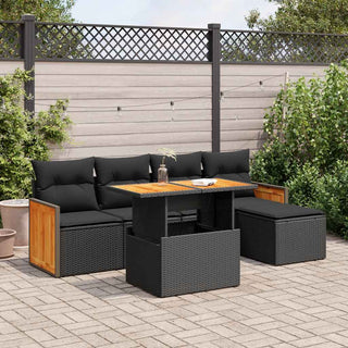 vidaXL 6 Piece Garden Sofa Set with Cushions Black Poly Rattan Acacia - 3327695 - Sofa In Store
