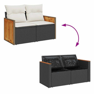 vidaXL 9 Piece Garden Sofa Set with Cushions Black Poly Rattan Acacia - 3327745 - Sofa In Store