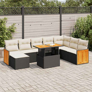 vidaXL 9 Piece Garden Sofa Set with Cushions Black Poly Rattan Acacia - 3327745 - Sofa In Store