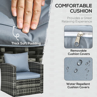 A hand presses on the thick, soft padding of the Outsunny 6 Pieces Rattan Garden Furniture Set. Grey cushions feature removable, water-repellent covers—perfect comfort and style for your outdoor space.
