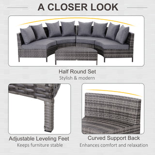 Outsunny 5 Pieces Rattan Garden Furniture Set, 4 Seater Half-Round Garden Sofa Set with Thickened Cushions, Wicker Conservatory Furniture with 4 Chairs, Rattan Coffee Table and Pillows, Grey - Sofa In Store