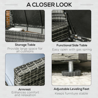Four labeled close-ups of the Outsunny 6 Pieces Rattan Garden Furniture Set show the storage tea table, side table with gas spring, armrest, and adjustable leveling feet—each feature is highlighted with brief descriptions.