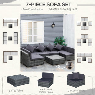 The Outsunny 7 Pieces Patio Wicker Sofa Set features gray cushions, an acacia-topped table, four armless sofas, and two corner sofas. Multiple layout options for garden or backyard use are shown around the main image.