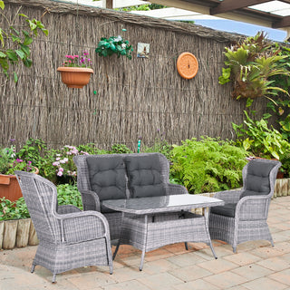 Create a stylish patio with the Outsunny Garden PE Rattan Dining Sofa Set: two high back chairs with cushions, a loveseat, and tempered glass coffee table in mixed grey. Accentuate the look with potted plants, wall art, and lush greenery.
