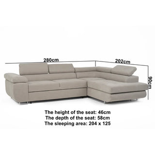 The PF Sofas SOFAINSTORE Ferrano Beige Fabric Corner Sofa Bed is L-shaped with a fold-out sleeper, hidden storage, and modern design—measuring 280x202x90cm, seat height 46cm, depth 58cm, and sleeping area 204x125cm.