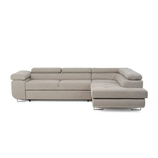 The PF Sofas SOFAINSTORE Ferrano Beige Fabric Corner Sofa Bed features an L-shaped design with fold-out sleeper, hidden storage, modern low backrests, wide armrests, and sleek metal legs, set against a white background.