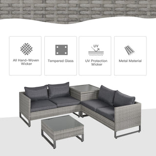 Outsunny 4 Pieces Rattan Garden Furniture Set, 4 Seater Garden Sofa Set with Storage Box, Loveseats and Glass Top Table, Wicker Outdoor Conservatory Furniture with Cushions for Outdoor, Patio, Grey - Sofa In Store