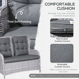 The Outsunny Garden PE Rattan Dining Sofa Set seats 4, features mixed grey high-back wicker chairs with thick cushions, washable zippered covers (not rainproof), and a tempered glass coffee table—perfect for your patio.