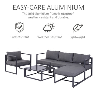 Outsunny 6 PCs Outdoor Indoor Sectional Sofa Set Thick Padded Cushions Aluminium Frame 5 Seaters 1 Coffee Table Footrest Grey - Sofa In Store