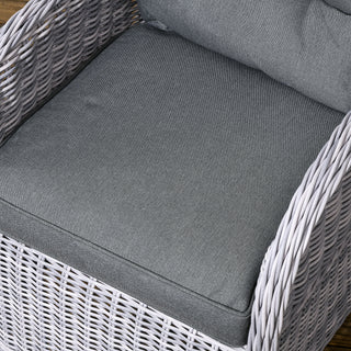 The Outsunny Garden PE Rattan Dining Sofa Set features high back wicker chairs with plush cushions and a tempered glass coffee table, offering stylish and comfortable mixed grey outdoor seating for up to 4 on your patio.