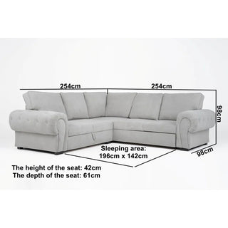 The PF Sofas SOFAINSTORE Light Grey Fabric Corner Sofa Bed features rolled arms, deep seats, hidden storage, and measures 254cm each side with a spacious 196x142cm sleeping area—perfect as a versatile and stylish addition to any home.