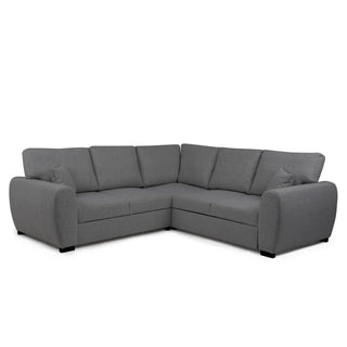 The PF Sofas SOFAINSTORE Clarion is a compact, modern L-shaped charcoal grey fabric corner sofa bed with plush cushions, rounded armrests, short black legs, storage, and a pull-out sleeper—set against a plain white background.