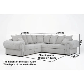 The PF Sofas SOFAINSTORE Grey Fabric Chesterfield Corner Sofa Bed features scroll arms, pull-out sleeper, storage, and cushions. Measures 254x254x98cm, seat height 42cm, seat depth 61cm; sleeping area: 196x142cm.