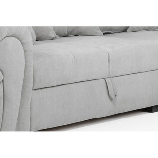 Close-up of the PF Sofas SOFAINSTORE Grey Fabric Chesterfield Corner Sofa Bed, featuring scroll arms, plush cushions, and a visible handle beneath the seat for easy access to storage and pull-out sleeper functionality.