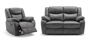 The RR Sofas SOFAINSTORE Vistara Grey Fabric Recliner Set features a plush, high-back armchair and matching 2-seater sofa with dual manual recline—ideal for stylish, modern living rooms.