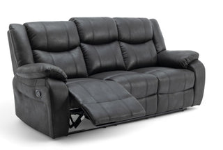The RR Sofas SOFAINSTORE Vistara 3 Seater Recliner Sofa in black fabric features a fold-down drinks console, high-back plush comfort, visible stitching, and dual manual recline levers for adjustable seating.