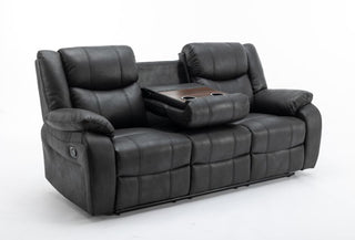 The RR Sofas SOFAINSTORE Vistara 3 Seater Recliner Sofa features high-back plush comfort in black fabric, dual manual recline, and a fold-down drinks console with cup holders. The background is plain white.