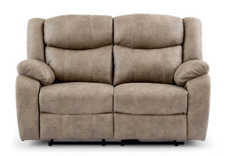 The RR Sofas SOFAINSTORE Vistara 2 Seater Recliner, with dual manual recline, high-back support, and padded armrests in mink fabric, is shown against a plain white background.