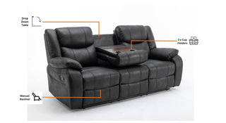 The RR Sofas SOFAINSTORE Vistara 3 Seater Recliner Sofa in black fabric features a fold-down drinks console with two cup holders, dual manual recline levers on the sides, and a high-back plush comfort design.