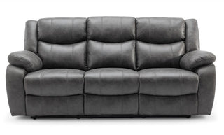 The RR Sofas SOFAINSTORE Vistara 3+2 Seater Recliner Sofa Set in grey fabric features high-back plush comfort, dual manual recline, and serves as a stylish premium living room centerpiece, shown here as a three-seater against a white background.