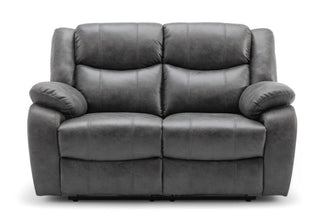 A front-facing view of the RR Sofas SOFAINSTORE Vistara 3+2 Seater Recliner Sofa Set in grey fabric, featuring high-back plush comfort, dual manual recline, and premium design—ideal as a living room centerpiece for relaxation.