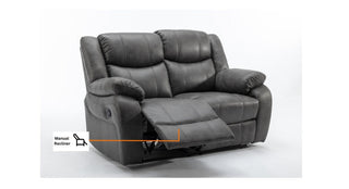 The RR Sofas SOFAINSTORE Vistara 3+2 Seater Recliner Sofa Set in grey fabric features high-back plush comfort and dual manual recline, making it a premium centerpiece for your living room. An arrow highlights the “Manual Recliner” label on the right seat.